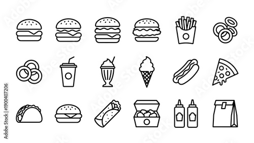 Vector Set of Fast Food Line Icons: Burgers, French Fries, Onion Rings, Soda Cup, Milkshake, Ice Cream, Hot Dog, Pizza Slice, Taco, Burrito, Chicken Nuggets, Sauce Bottles, and Takeout Paper Bag.