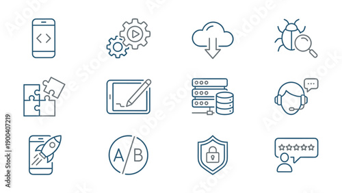 Vector Set of Mobile App Development and Coding Line Icons Featuring Software Engineering, UI/UX Design, Cloud Computing, Security, Database Management, Debugging, and App Launch Symbols