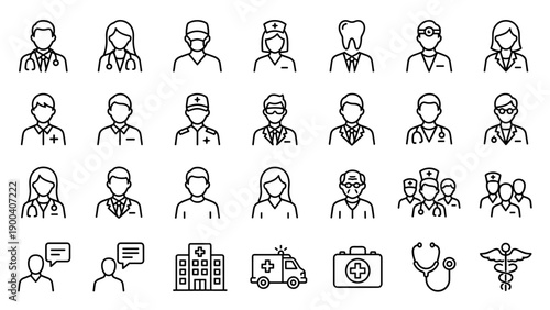 Professional Medical Staff and Healthcare Icon Set. Minimalist line art collection featuring doctors, nurses, surgeons, dentists, paramedics, hospital building, ambulance, and medical symbols.