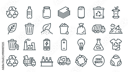 Minimalist vector line icon set for waste management and recycling featuring garbage trucks, trash bins, plastic bottles, batteries, compost, and zero waste symbols for eco-friendly projects.