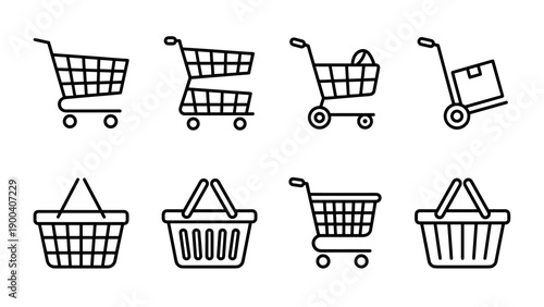 Vector Set of Shopping Cart and Basket Line Icons in Minimalist Style. Collection of Retail, Grocery, and E-commerce Symbols Including Hand Truck, Wire Baskets, and Trolleys on White Background.