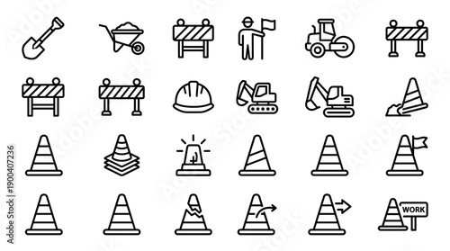 Vector Set of Road Work and Traffic Cone Line Icons in Minimalist Style Featuring Construction Equipment Like Shovel, Excavator, Barrier, Hard Hat, Wheelbarrow, and Steamroller for Site Safety.