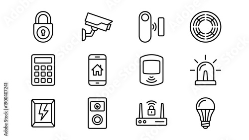 Smart Home Security System Line Icon Set Featuring Padlock, CCTV Surveillance Camera, Door Sensor, Smoke Detector, Keypad, Mobile App, Motion Sensor, Siren, Electric Box, Video Doorbell, and Router