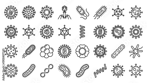 Minimalist Vector Line Icon Set of Virus and Bacteria Structures. Comprehensive Collection of Pathogens, Microbes, Germs, and Microorganisms for Medical, Science, and Healthcare Illustrations.