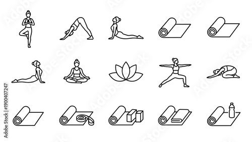 Minimalist Yoga Line Icon Set Featuring Various Poses like Tree, Downward Dog, Cobra, Lotus, Warrior, and Child's Pose, Plus Equipment such as Mats, Blocks, Straps, and Water Bottle on White.