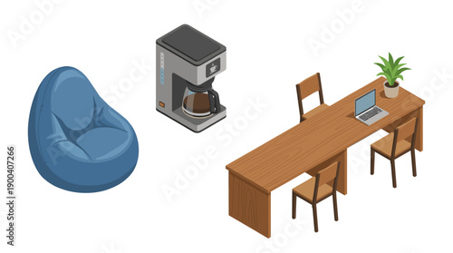 Isometric vector set of coworking space elements featuring a blue bean bag chair, coffee machine, and shared wooden desk with chairs, laptop, and plant, isolated on a clean white background.