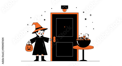 Child Dressed As Witch At Door With Candy Bucket Trick Or Treat