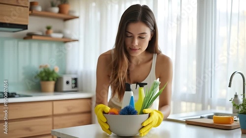 Woman Washing Vegetables in Kitchen Bowl with Gloves, Female Rinsing Fresh Produce, Healthy Food Preparation, Clean Eating Cooking, Organic Vegetable Washing