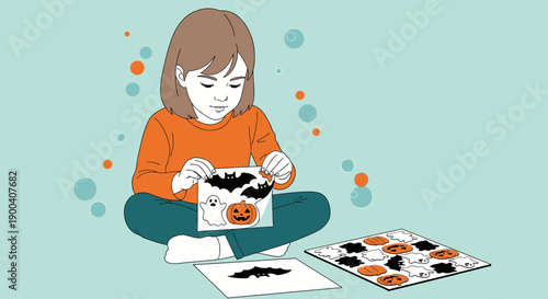 Child Engaged In Halloween Themed Craft Activities