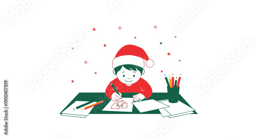 Child In Santa Hat Draws A Festive Christmas Picture With Pencils