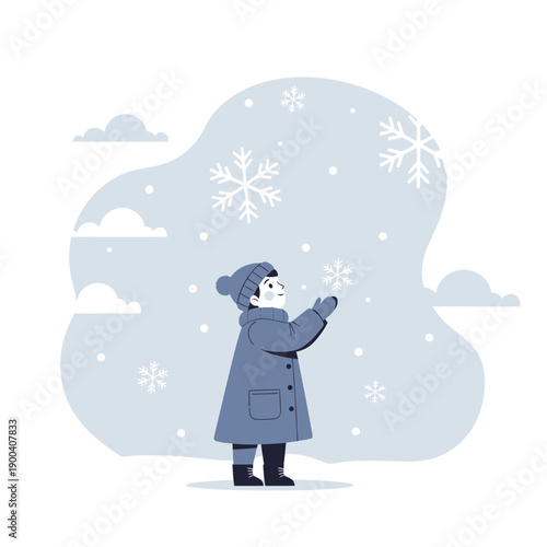 Child Joyfully Experiencing Winter Snowfall With Enchanting Large Snowflakes