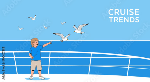 Child Points At Seagulls On Cruise Ship Deck Nautical Adventure Illustration