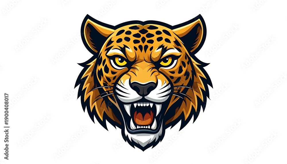 Fototapeta premium Fierce jaguar head with sharp teeth and golden fur, isolated on white, graphic style