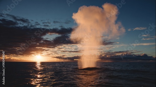 Wallpaper Mural dovekie. A whale breaching the ocean surface at sunset with a plume of mist. inspiring travel planning, wildlife magazines, designed for wildlife conservation campaigns, used by project managers.
 Torontodigital.ca