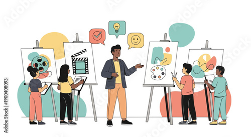 Children Enjoying Art Class With Instructor Artistic Expression And Creativity