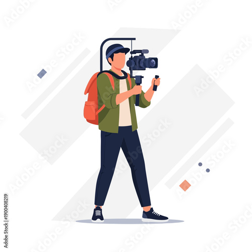 Cinematographer Capturing Professional Video Content With Advanced Camera Equipment And Backpack