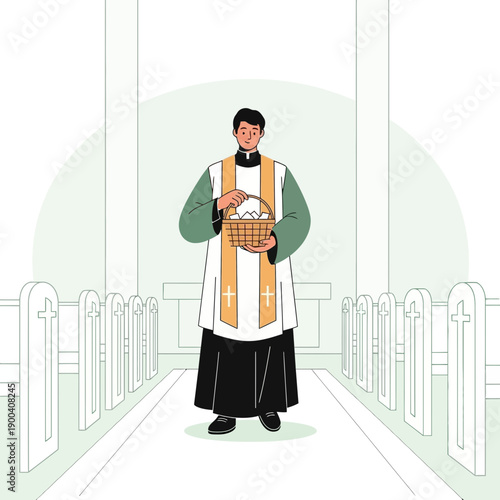 Clergy Member Holding Offering Basket Inside A Church During Service