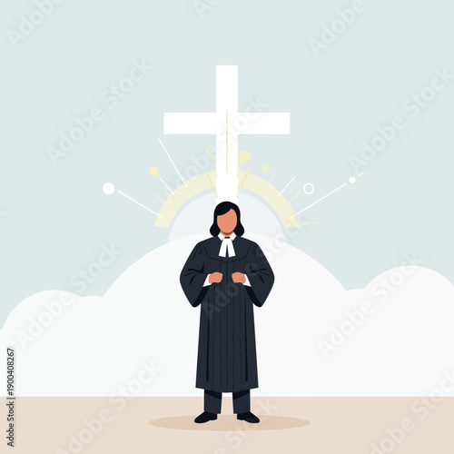 Clergy Member Standing Before A Stylized Cross In A Spiritual Setting