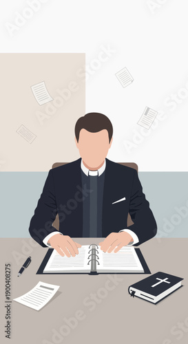 Clergy Member Working At Desk With Open Book And Bible