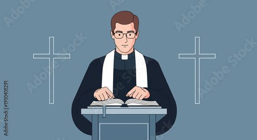 Cleric Reading From Bible At Pulpit With Crosses