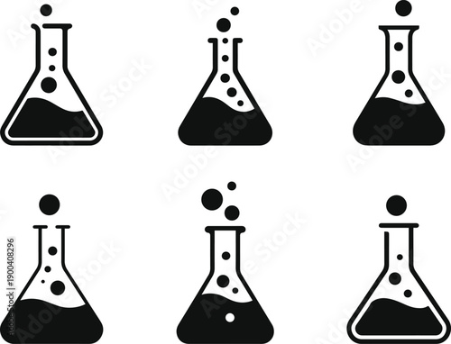 Set of Minimalist black laboratory Erlenmeyer flask with bubble silhouette vector icon