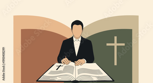 Clerical Figure Studying Sacred Text With Religious Symbolism