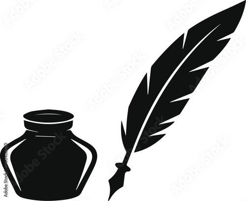 Minimalist black traditional inkwell and quill pen silhouette vector icon