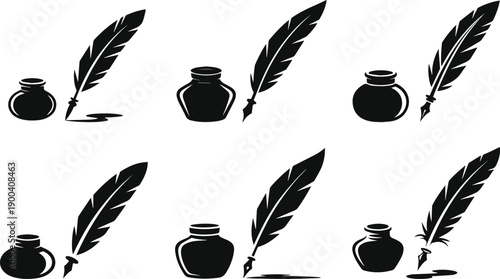 Set of Minimalist black traditional inkwell and quill pen silhouette vector icon