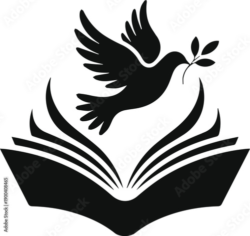 Minimalist black open book with flying dove peace silhouette vector icon