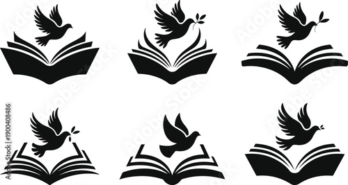 Set of Minimalist black open book with flying dove peace silhouette vector icon