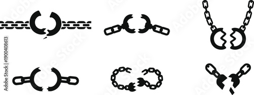 Set of Minimalist black broken chains symbol of freedom and justice silhouette vector icon