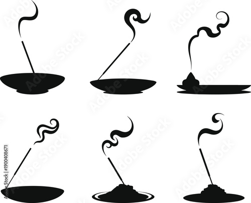 Set of Minimalist black incense stick with curling smoke silhouette vector icon