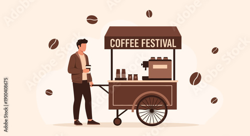 Coffee Festival Scene Depicting Man Holding Beverage Cup Standing Beside Coffee Cart Illustration