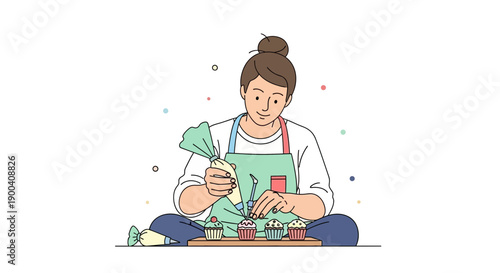 Confectioner Decorates Cupcakes With Icing Bag In Whimsical Style