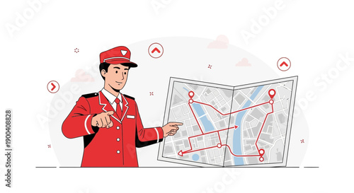 Conductor Guides Through City Map Indicating Route And Navigation