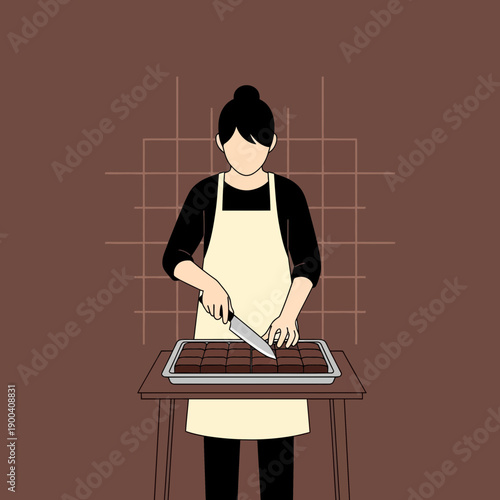 Confectioner Skillfully Slicing Delicious Chocolate Brownies
