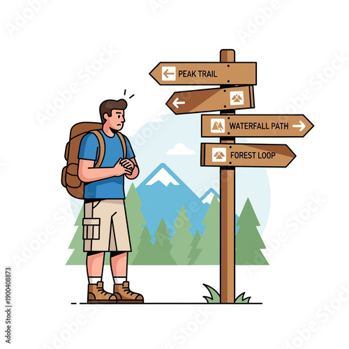 Confused Hiker At Trailhead Signpost Seeking Direction On Mountain Adventure