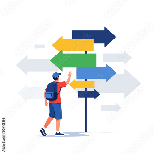 Confused Traveler Stands Before Multiple Directional Arrows Making a Choice