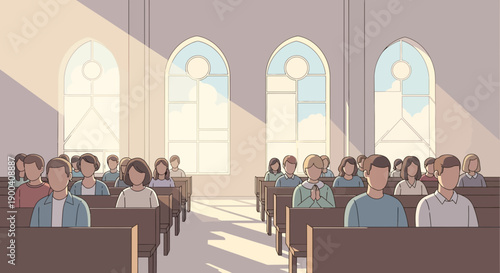 Congregation In A Sunlit Sanctuary During Worship Service