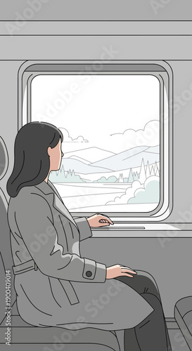 Contemplative Passenger Gazing at Winter Landscape During Train Journey Reflecting Serenity