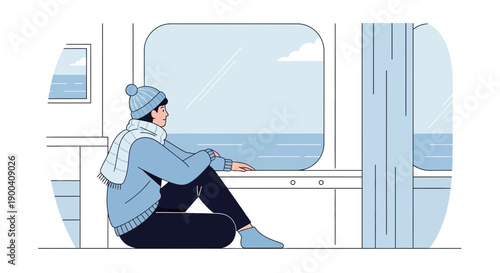 Contemplative Traveler Gazing Out Train Window at Expansive Waterscape