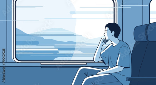 Contemplative Young Man Gazes Out Train Window At Scenic Landscape