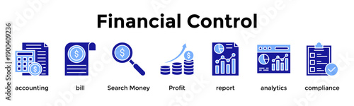 Financial Control Icon Set. Containing Accounting, Bill, Search Money, Profit, Report, Analytics, Compliance