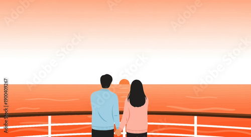 Couple Holding Hands Watching A Warm Sunset Over The Ocean From A Ship Deck