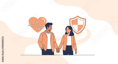 Couple Holding Hands With Health And Protection Symbols Representing Security
