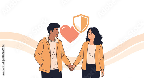 Couple Holding Hands With Heart And Shield Symbolizing Love And Protection Together