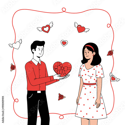 Couple Sharing A Heart Shaped Gift Of Love With Flying Hearts And Roses Around Them