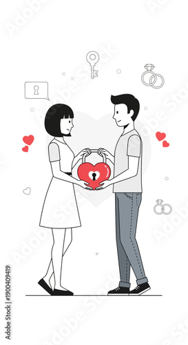 Couple Sharing a Heart-Shaped Lock, Representing Romantic Connection and Security Forever
