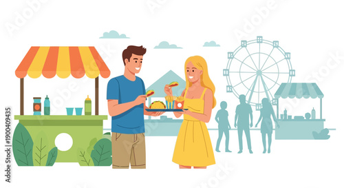 Couple Enjoys Fairground Treats Amidst Lively Amusement Park Scenery
