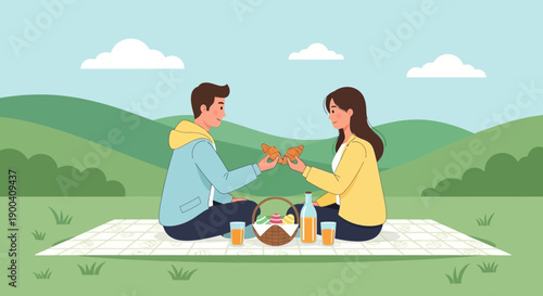 Couple Enjoys Romantic Picnic Amidst Lush Green Hills And Bright Sky